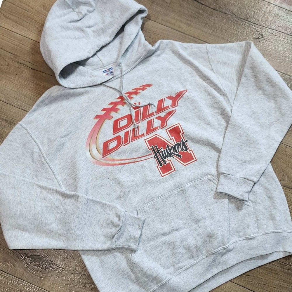 Vintage Jerzees Nebraska Huskers Dilly Dilly Hoodie Gray Mens Large Sweatshirt